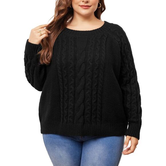 Plus Size Sweater Long Sleeve Crewneck Fisherman Cable Pullover Sweaters Black - Picture 2 of 5
